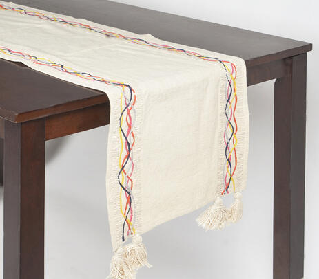 Twined swirls & tasseled cotton table runner