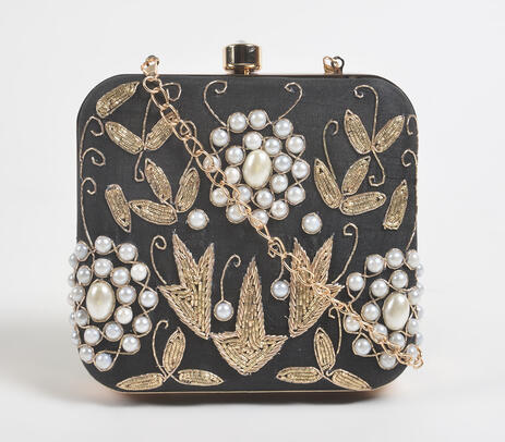 Embroidered glass beads ornate clutch bag