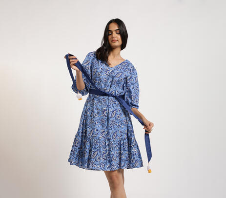 Floral block printed blue dress with balloon sleeves & tasseled belt