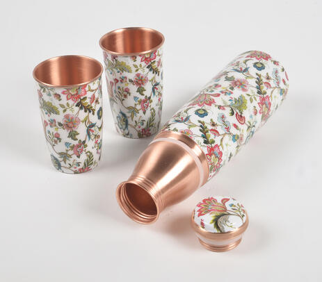 Enamelled floral countryside copper bottle & 2 glasses