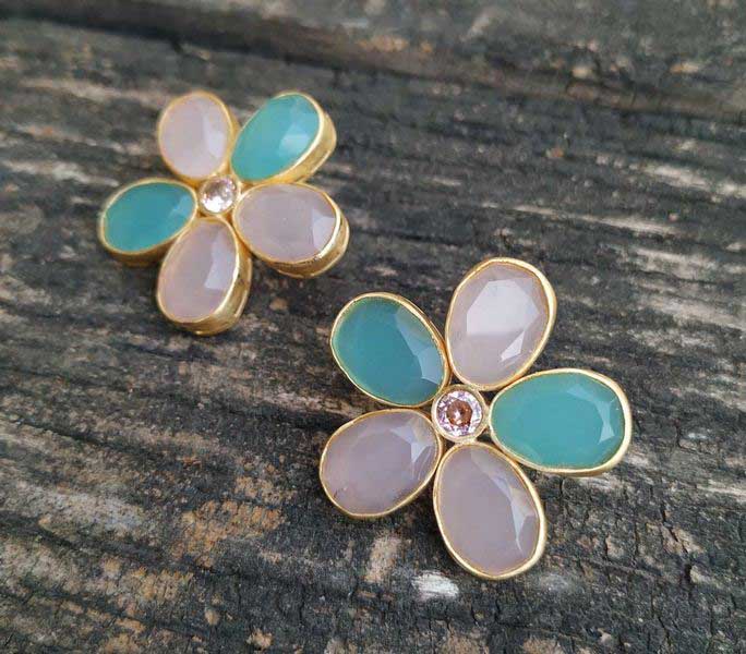 Floral dual-stone handmade sterling silver studs