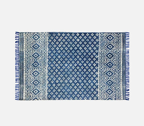 Indigo dabu printed cotton rug