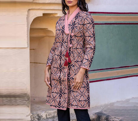 Ajrak block printed floral quilted coat