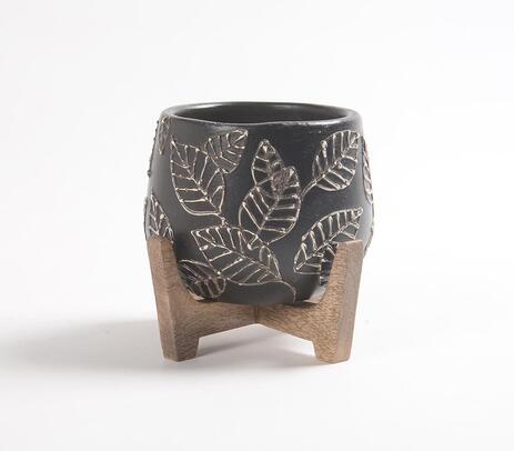 Handmade terracotta planter with mango wood stand