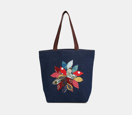 Applique denim floral tote bag