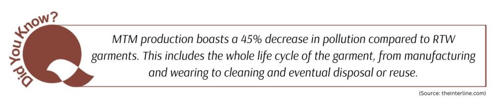 MTM production boasts a 45% decrease in pollution compared to RTW garments. This includes the whole life cycle of the garment, from manufacturing and wearing to cleaning and eventual disposal or reuse.