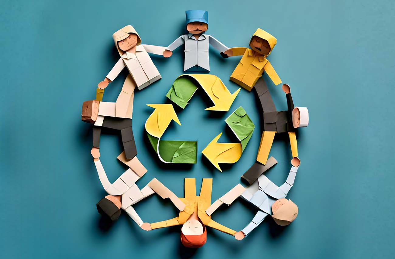 The reduce reuse recycle symbol encircled by miniature figures holding hands