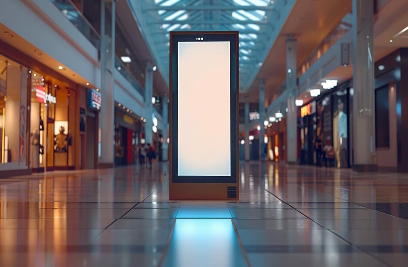 A digital marketing screen inside a shopping mall