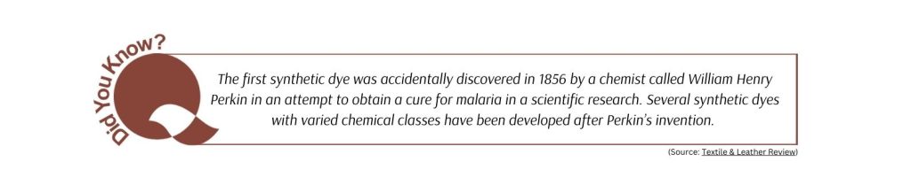 Did you know? The first synthetic dye was accidentally discovered in 1856 by a chemist called William Henry Perkin in an attempt to obtain a cure for malaria in scientific research. Several synthetic dyes with varied chemical classes have been developed after Perkin’s invention.