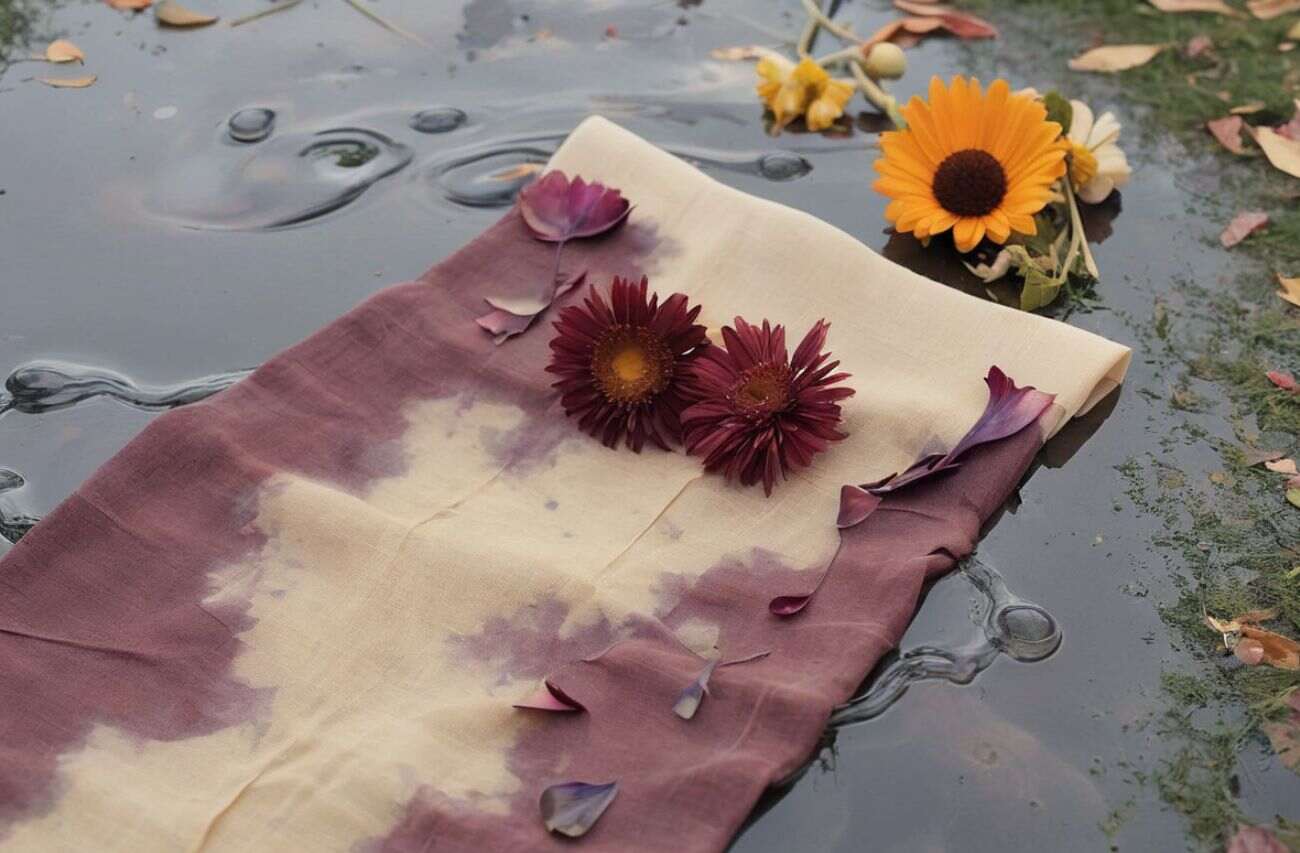 A piece on fabric strewn with flowers