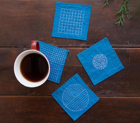 Kantha embroidered linen coasters