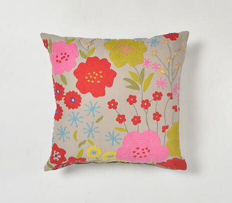 Embroidered recycled cotton flora cushion cover