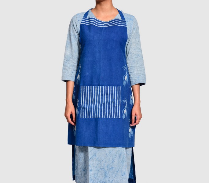 Natural-dyed block print cotton kitchen apron with striped pocket