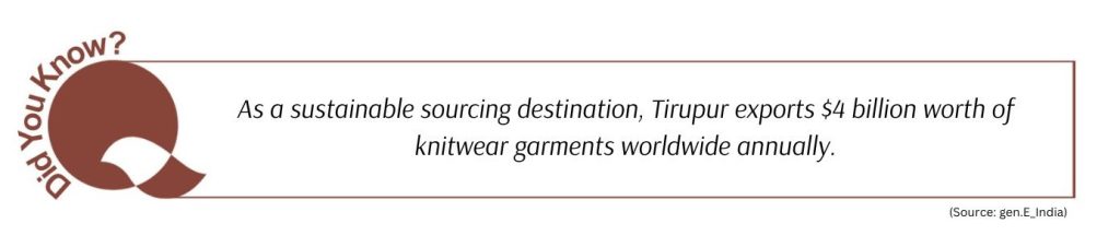 Did you know? As a sustainable sourcing destination, Tirupur exports $4 billion worth of knitwear garments worldwide annually.