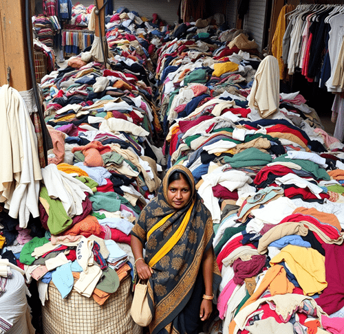 A woman worker standing in between a heaps of textiles and clothes on either side