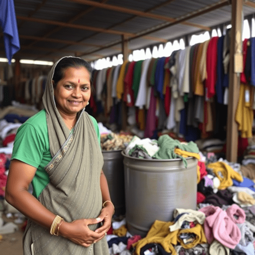 A woman worker smiling and ready to segregate textile waste