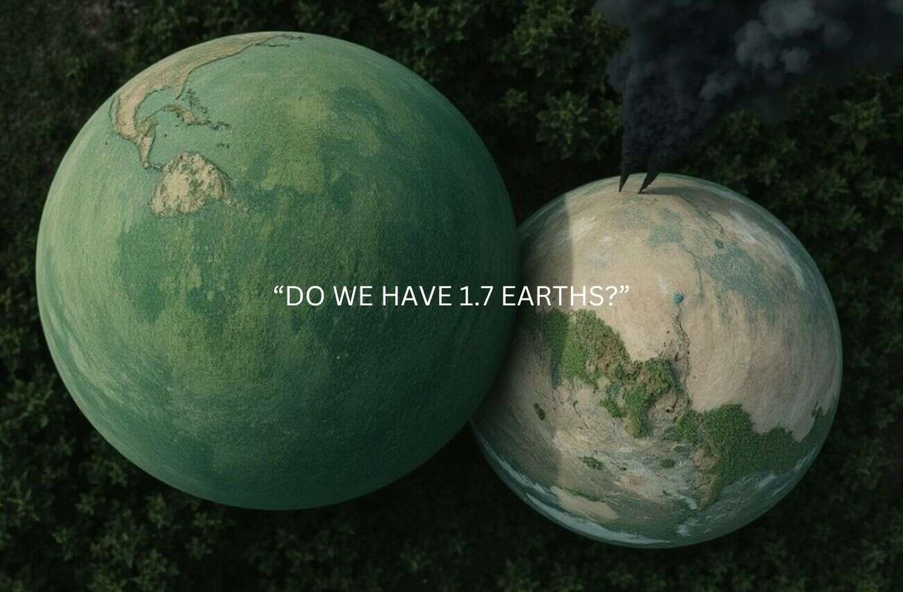 Two globes placed side by side with the statement "Do we have 1.7 Earths" in the foreground