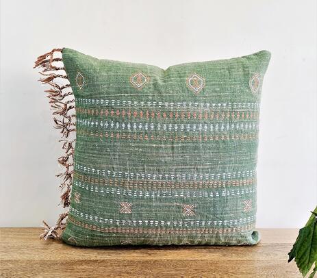 Handwoven green fringe linen cushion cover