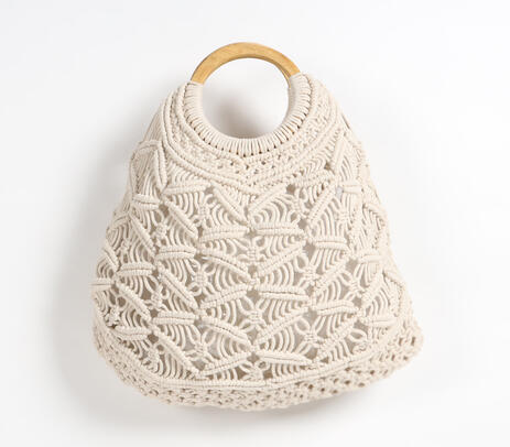 Hand knotted macrame handbag with wooden handles