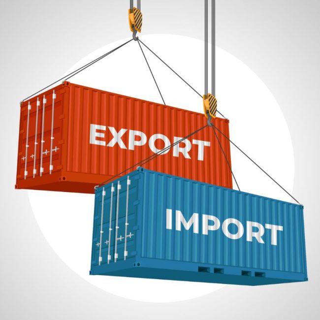 Shipping containers with "Export" and "Import" written on them