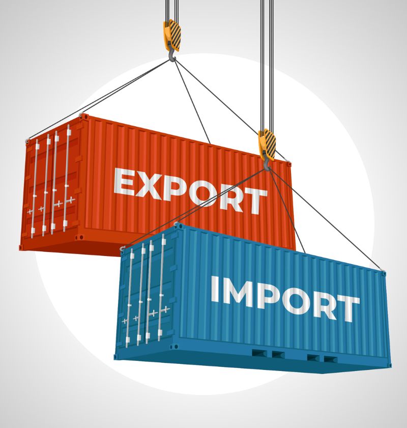 Shipping containers with "Export" and "Import" written on them