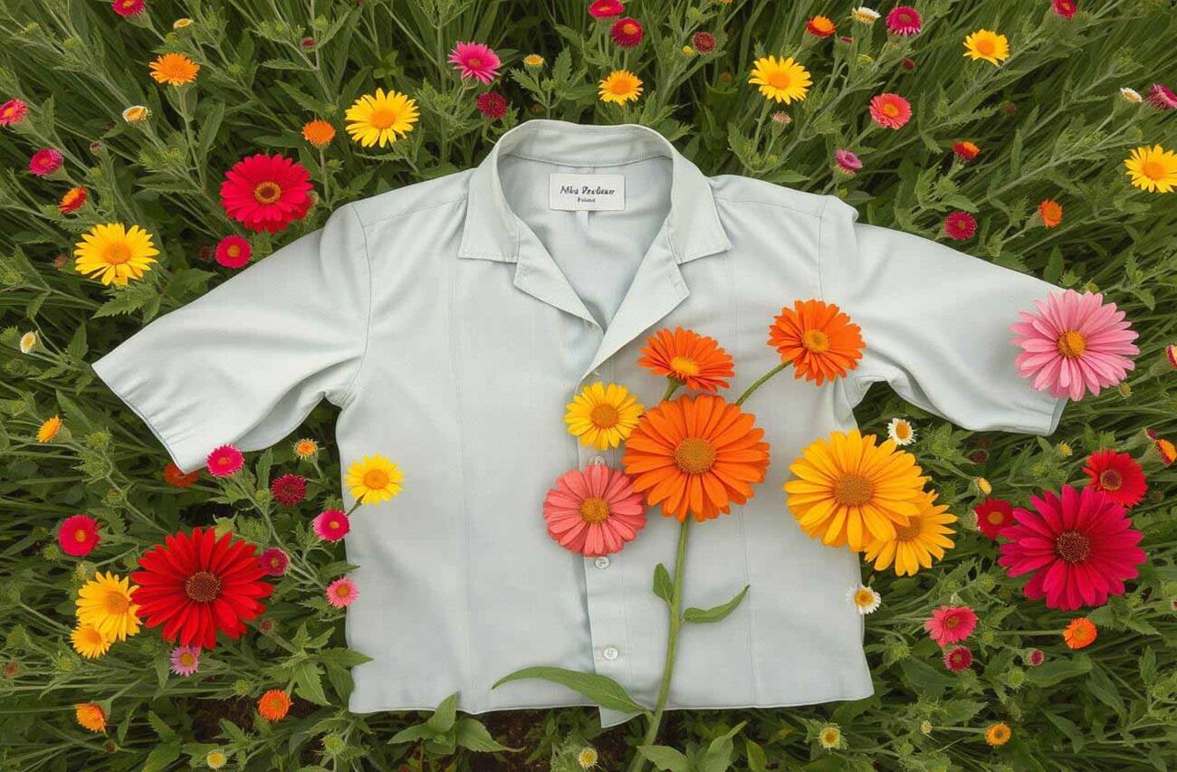 A while shirt placed in a field of flowers