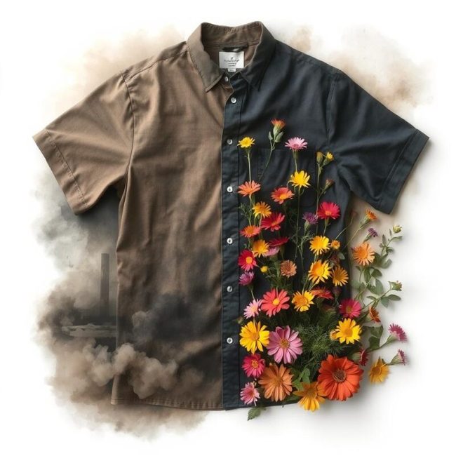 A shirt divided into half showing th dichotomy of conventional vs. farm to fashion clothing