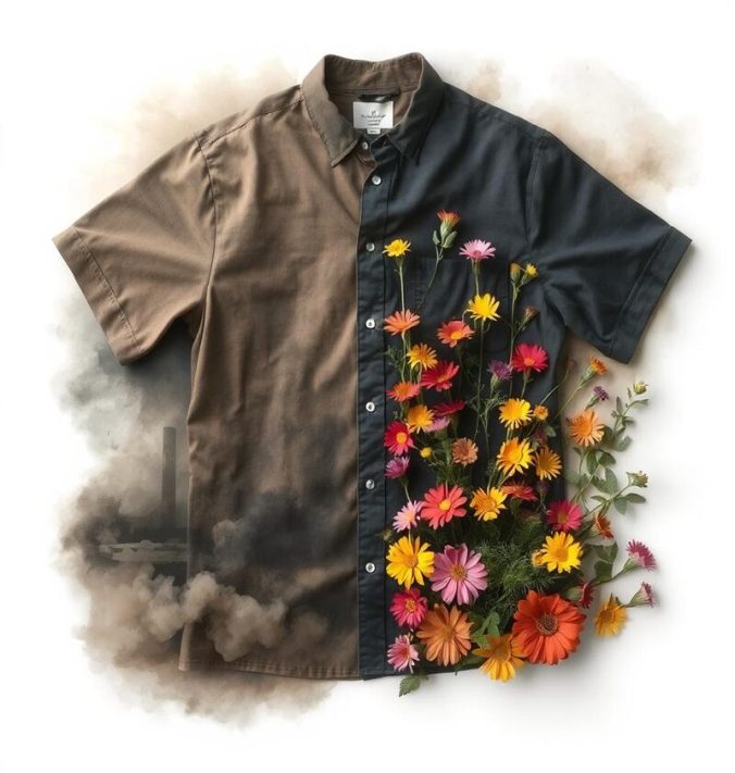 A shirt divided into half showing th dichotomy of conventional vs. farm to fashion clothing