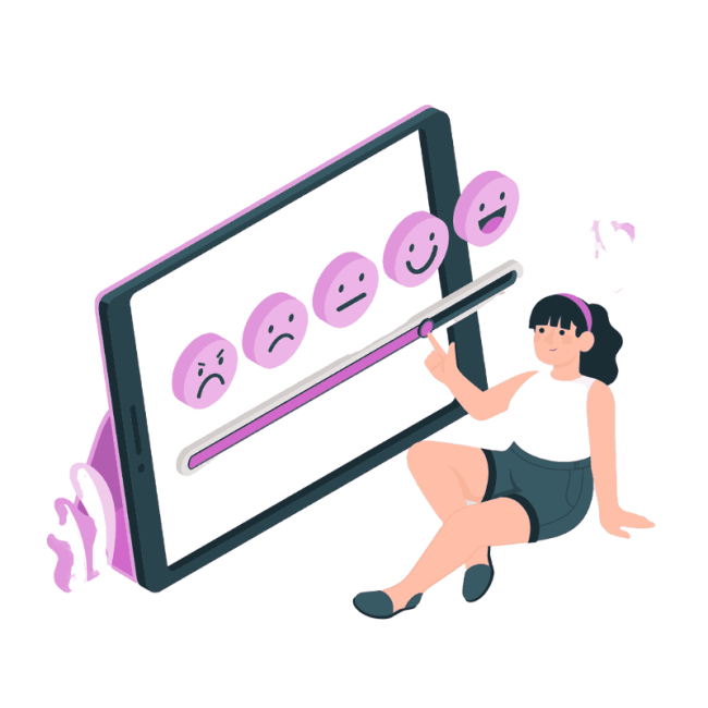 Animated girl selecting a happy emoji rating