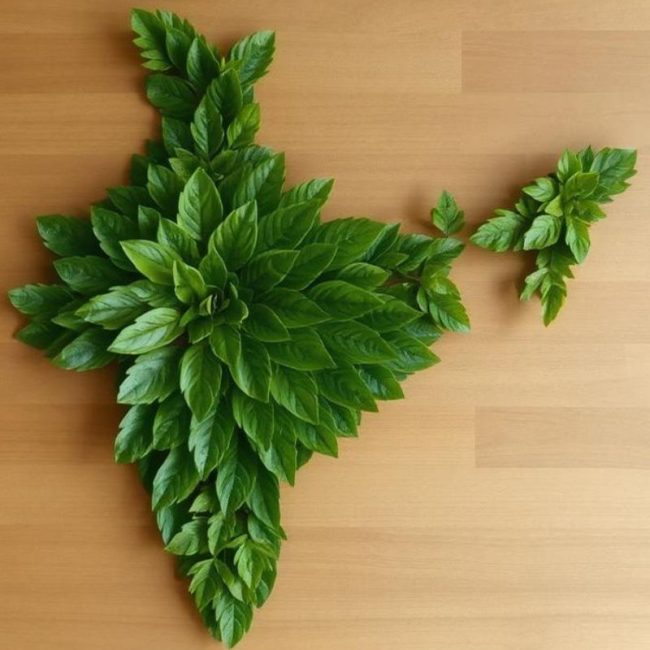 India's topographical boundary and map made out of leaves