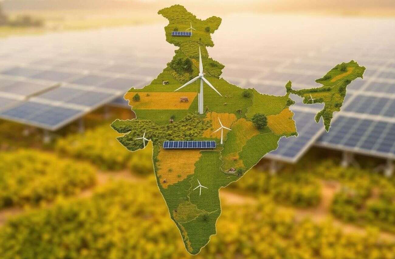 India's topographical map with solar panel background